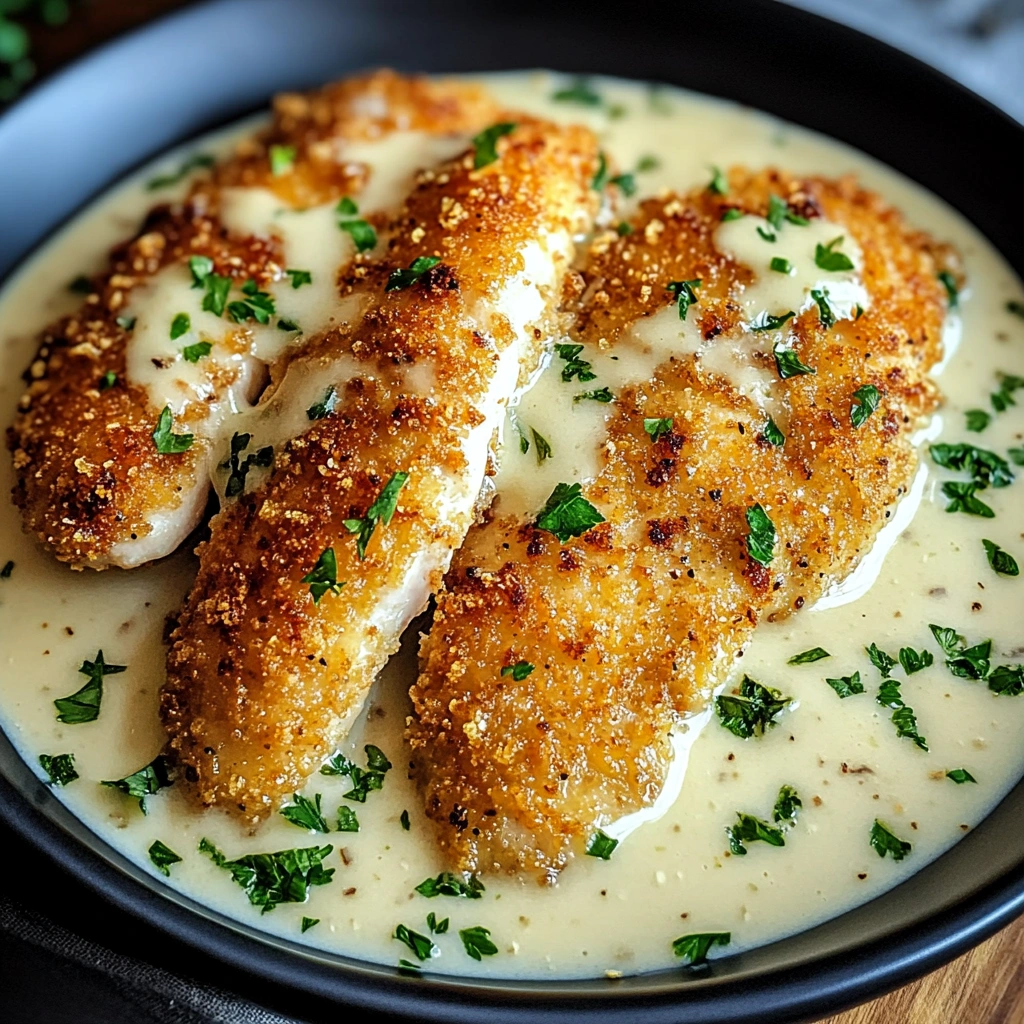 Crispy Parmesan Crusted Chicken with Rich Garlic Cream Sauce