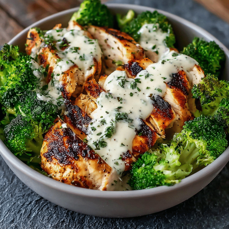 Grilled Chicken & Broccoli Bowls with Creamy Garlic Sauce