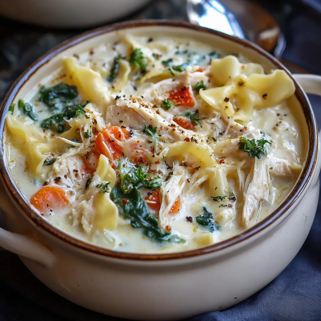 White Chicken Lasagna Soup with Spinach